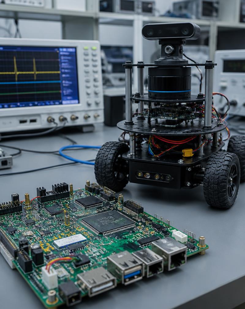 Leiterplatte und autonomer Roboterprototyp auf einem Labortisch